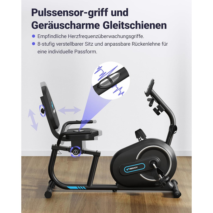 Велотренажер MERACH для домашнього використання з 8 регульованими рівнями опору, Smart Bluetooth, ексклюзивним підключенням до додатків, РК-дисплеєм, датчиками серцевого ритму та регульованою спинкою, синьо-чорний