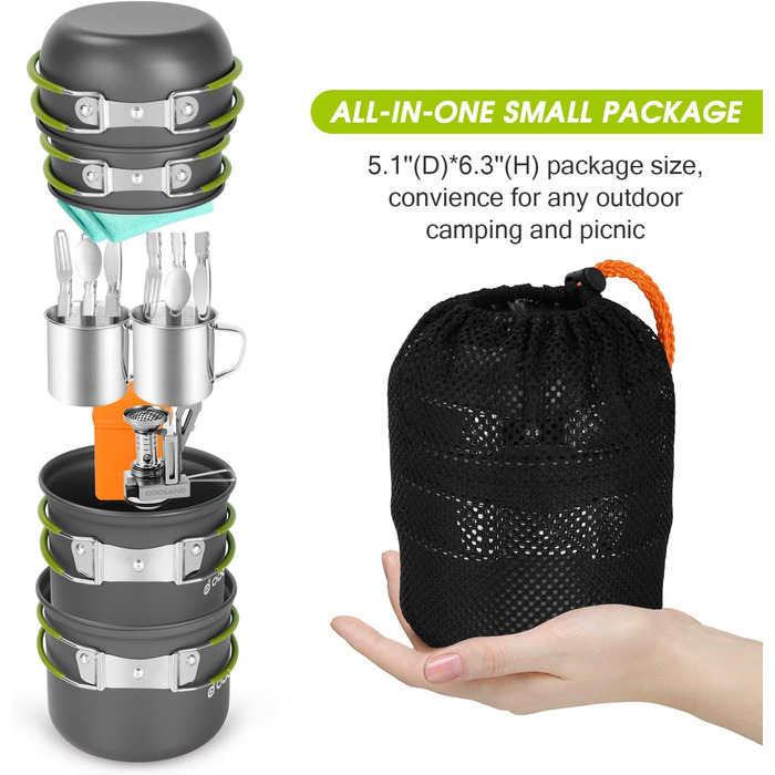 Набір посуду для кемпінгу Odoland, 16 предметів для 2 осіб, посуд для кемпінгового використання з алюмінію та нержавіючої сталі, кемпінгові горщики, чашки, складні столові прибори, міні-пічка для кемпінгового посуду, пікніків та походів.