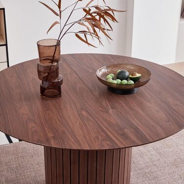 Сучасний круглий обідній стіл у стилі вабі-сабі, темно-коричневий з дерев&39яною текстурою та циліндричною основою, 120 x 120 x 76 см