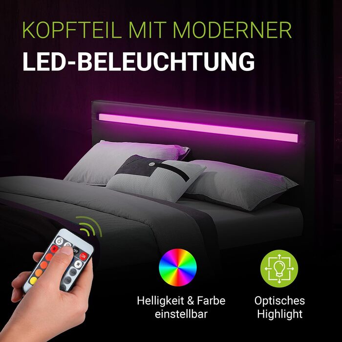 Ліжко Juskys Paris з м&39якою поверхнею 140x200 см зі світлодіодним освітленням, матрацом, рейковим каркасом та узголів&39ям - штучна шкіра та дерево - сіре - дитяче ліжко каркас ліжка темно-сірий 140 x 200 см