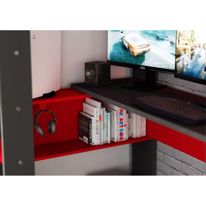 Дитяче двоярусне ліжко Gamex з ігровим столом в антрацитовому та червоному кольорах