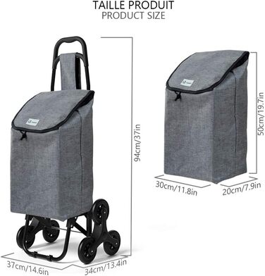 Сумка-візок для покупок зі сходами, складаний візок-тележка з гачком, 3 колеса, водонепроникний, 32л, Сірий