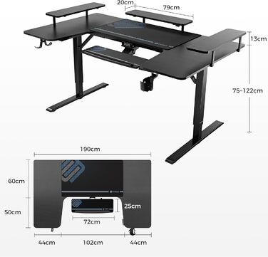 Електричний стіл з регульованою висотою 190110 см U-подібний ігровий стіл Великий кутовий стіл з регульованою висотою з підставкою для клавіатури, комп&39ютерний стіл з 3 підставками для світлодіодних моніторів ERK-U71-B-2-EU Чорний