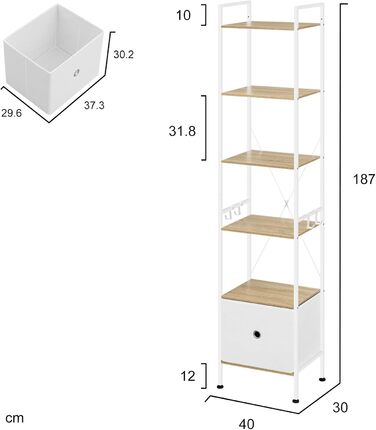 Ярусна окремостояча полиця WOLTU з шухлядою, металевий каркас, для вітальні, кабінету, домашнього офісу, спальні, сучасний колір, світлий дуб білий, RGB63whe 40x30x187 см світлий дуб білий, 5-