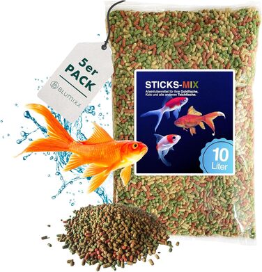 Різнокольорові пакетики Pond Sticks Mix об&39ємом 50 літрів (5 x 10 л), преміальний повнораціонний корм, корм для риб, корм для коропів коі, корм для золотих рибок, корм для ставкових риб, корм для ставкових риб з вітамінами Tricolore, не каламутний