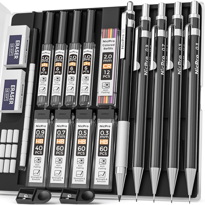 Набор механических карандашей для рисования и письма (5 шт + аксессуары)