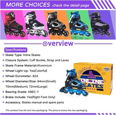 Роликові ковзани Nattork для дітей з підсвічуванням колеса, підсвічування роликових ковзанів для вулиці та приміщень для дітей середнього та великого віку (32-36 років), синього кольору