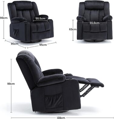 Ручне поворотне крісло-реклайнер для дорослих з регульованою спинкою та підставкою для ніг, крісло-шезлонг на 360 для вітальні, м&39яка тканина, ергономічне, чорний колір