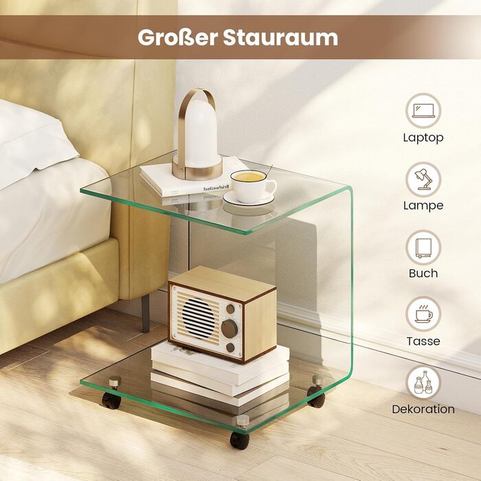 Журнальний столик COSTWAY із загартованого скла з колесами, С-подібний скляний стіл, тумбочка, столик для дивана, журнальний столик для вітальні, спальні, 45 x 40 x 48 см (прозорий) маленький (з колесами) прозорий 1