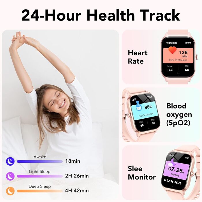 Розумний годинник CASCHO для жінок та чоловіків, 1,85-дюймовий HD-розумний годинник, 115 режимів, фітнес-трекер із Bluetooth-дзвінками, водонепроникний крокомір IP68 із функцією очікування до 30 днів для iOS та Android - рожева троянда