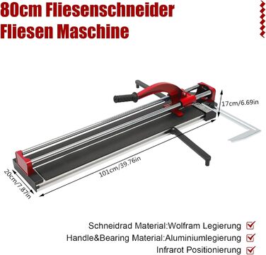 Плиткоріз 80 см з подвійними рейками та кронштейнами ручний 3/5 з точним інфрачервоним позиціонуванням Ручний плиткоріз для точного різання (червоний)
