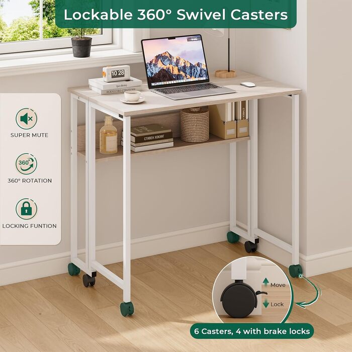 Розкладний стіл Dripex 80x50 см, компактний стіл, складний комп&39ютерний стіл з місцем для зберігання та колесами, невеликий розкладний комп&39ютерний стіл для домашнього офісу/кабінету (дуб)