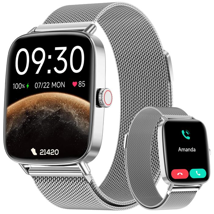 Розумний годинник для чоловіків та жінок з функцією телефону, фітнес-годинник 1,85 дюйма, понад 100 спортивних режимів, фітнес-трекер з моніторингом серцевого ритму/SpO2/сну, крокомір, водонепроникний спортивний годинник IP68 для iOS та Android, сріблясти