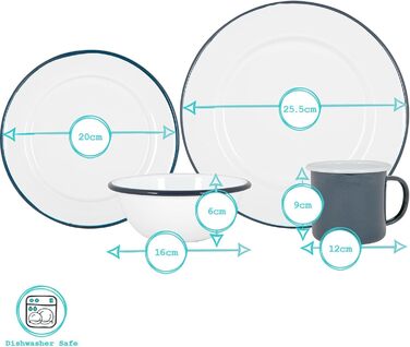 Набір столового посуду Argon Tableware з білою емаллю - 25,5 см - 16 предметів - білий/чорний