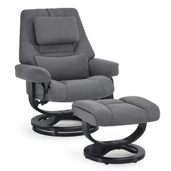 Крісло-реклайнер з функцією відкидання, крісло для читання, поворотне на 360 крісло для телевізора з підставкою для ніг, регульованим підголівником, поперековою подушкою та бічною кишенею, крісло для телевізора для вітальні, 9046 (сірий) сіра мікрофібра