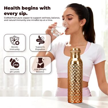 Пляшка з чистої міді об&39ємом 32 унції з футляром для перенесення, мідна пляшка для води об&39ємом 1 літр для офісу, йоги, спорту (натуральне покриття) Пляшка з натурального кованого металу
