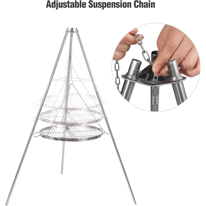 Поворотний гриль REDCAMP з решіткою для гриля, включаючи ланцюги, регульована висота, поворотний гриль для кемпінгу з нержавіючої сталі з круглою решіткою для гриля та сумкою для перенесення для барбекю на свіжому повітрі, сріблястий