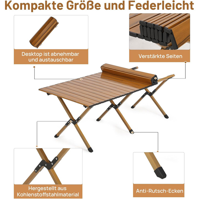 Складаний кемпінговий стіл HAUSPROFI, складний стіл вантажопідйомністю 100 кг, портативний кемпінговий стіл із сумкою для пікніків, приготування їжі, саду, походів, подорожей, балконного столу, столу для пікніка, садового столу, 116x60 см, коричневого кол