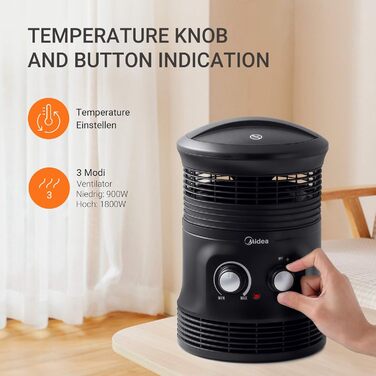 Портативний керамічний вентилятор-обігрівач Midea NF18-17PA потужністю 1800 Вт з автоматичним обертанням на 360, 2 режими нагріву, енергозберігаючий тихий обігрівач для вітальні, офісу, житлової зони