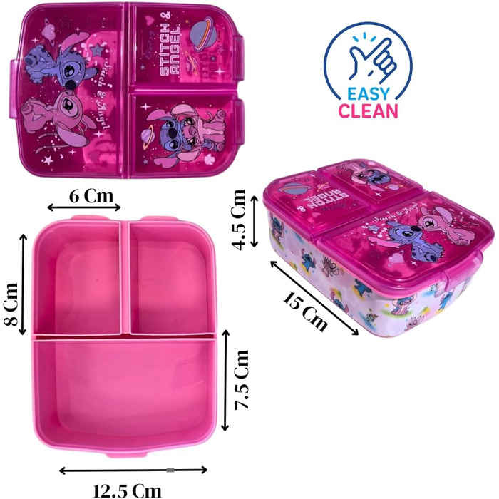 Ланчбокс дитячий Stitch та Angel з роздільниками, контейнер для обіду з 3 відділеннями, тримач для перекусів у школу, ідеальний для ланчу, легко миється та легкий (Kawaii) 17x14x5 см