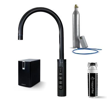 Чайник для виробництва газованої води HappyFilter FizzRed охолоджений шипучий кип'ятіння Сенсорний чорний змішувач 3в1 Фільтр від накипу Диспенсер для води Офіс Кухня Стаціонарне підключення до водопроводу Адаптер CO2 425 г 3 в 1 чорний 425 г CO2