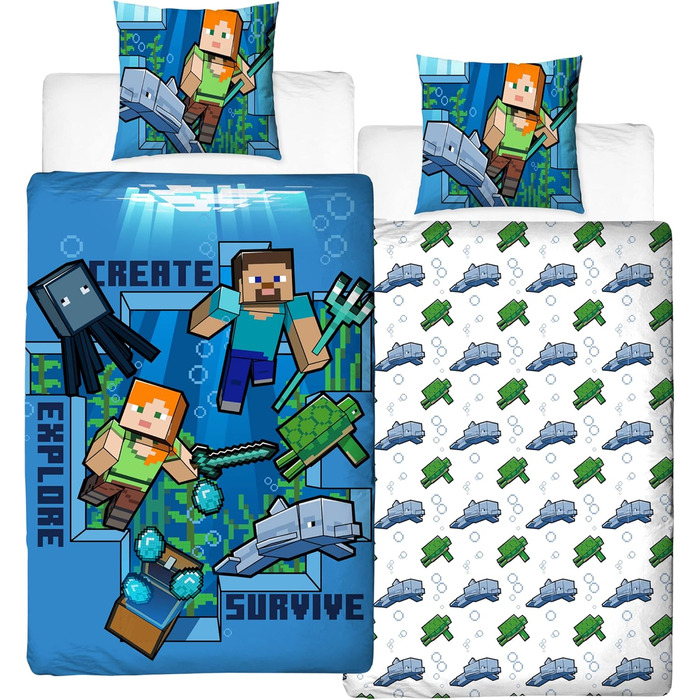 Постільна білизна Minecraft дитяча постільна білизна молодіжна постільна білизна 135х200 - підводний світ - двосторонній мотив - н