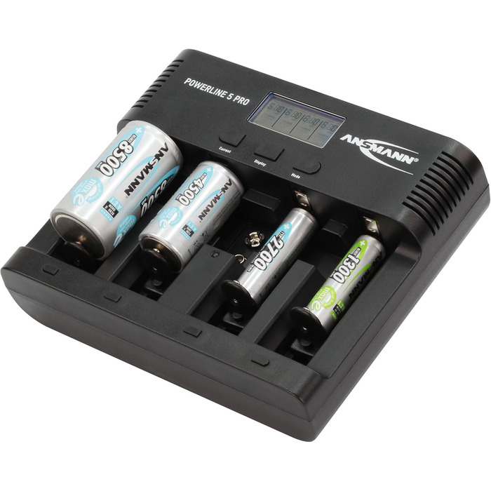 Універсальний зарядний пристрій ANSMANN Powerline 5 Pro AA, AAA, CD та 9V для акумуляторних батарей NiMh, NiCd з вилками для Великобританії, ЄС, США та Австралії та РК-дисплеєм, швидкий зарядний пристрій для заряджання та розряджання