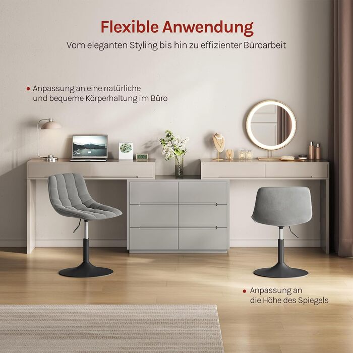 Крісло-табуретка WOLTU для туалетного столика, спальні та їдальні - регульована висота, поворот на 360 зі спинкою, виготовлена з комфортного оксамиту, світло-сіра