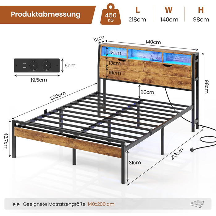 Ліжко 140x200 з металевою рейковою основою, двоспальне ліжко зі світлодіодним підсвічуванням та розеткою, каркас ліжка 140x200 см з дерев&39яним узголів&39ям, 2 шафи з дверима, дитяче ліжко з місцем для зберігання речей, коричневий колір, 140x200 см