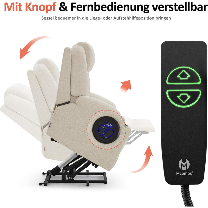 Електричне крісло-реклайнер для телевізора з функцією підйому, крісло-реклайнер з функцією нахилу на 140, регульоване за допомогою кнопки та пульта дистанційного керування, 7040 (тканина, бежевий) Бежева тканина