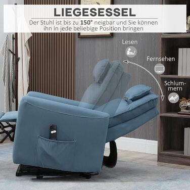 Електричне крісло-реклайнер для телевізора HOMCOM з підйомником та функцією відкидання, м&39яке крісло для відпочинку з пультом дистанційного керування, бічна кишеня, оксамитове крісло для телевізора, синє