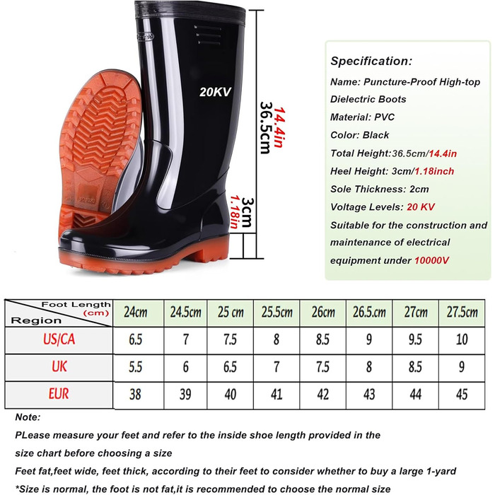 Діелектричні чоботи HAIXHX, з флісовою підкладкою, ізольовані для високої напруги, ізотермічні, із захистом від ураження електричним струмом 10/20 кВ для роботи на промислових повітряних лініях, 20 кВ, розмір 24 EU