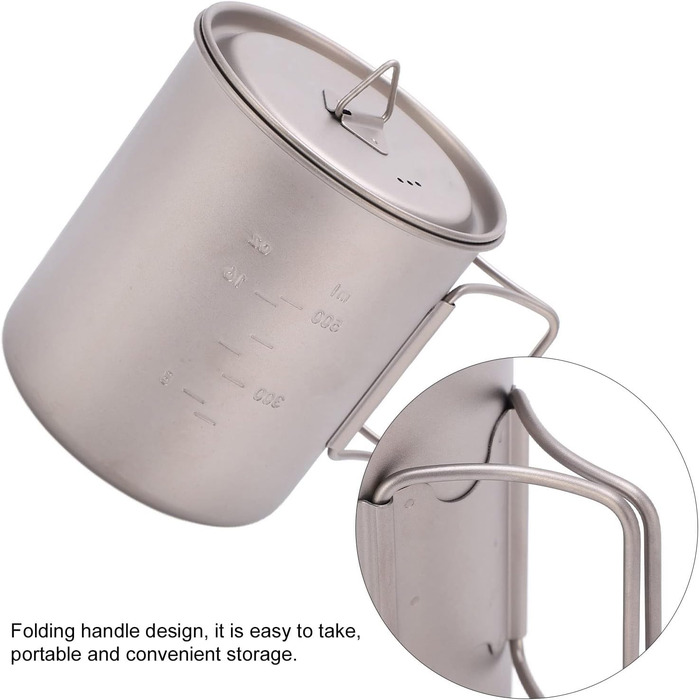 Титанова кружка FOUF, 750 мл, настінна ізольована кружка для кемпінгу, кемпінгова кружка зі складними ручками та кришкою, дизайн з нержавіючої сталі, портативна титанова кемпінгова каструля для кемпінгу, піших прогулянок та походів на природі