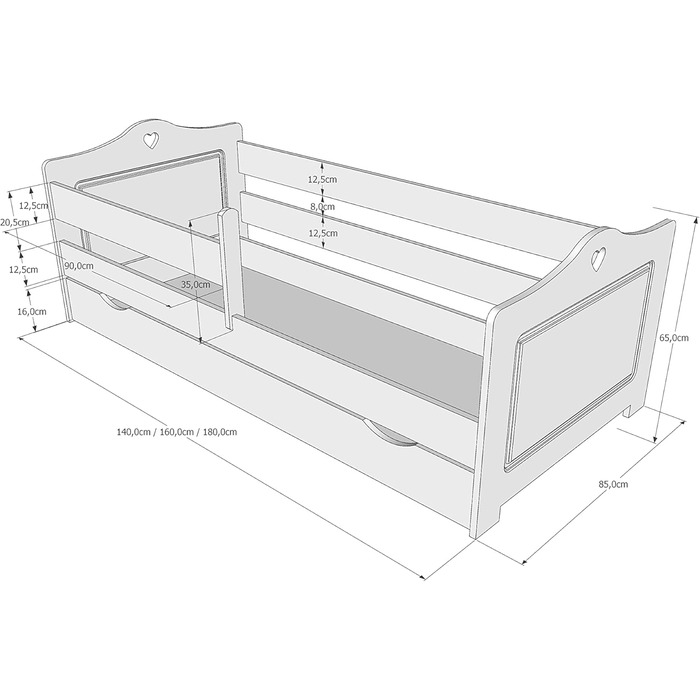 Дитяче ліжко Kids Collective 80x160 80x180 90x200 см з матрацом, поручнями, шухлядою та рейковою основою білого кольору Ліжко для дівчинки 160 x 80 &quotСкандинавське серце&quot 80 x 160 см білого кольору