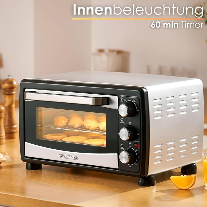 Міні-піч 20 літрів Піч для піци Міні піч Духова шафа 3в1 з конвекцією знімна пластина для крихт 1,400 Вт Верхній/нижній нагрів Нержавіюча сталь Таймер на 60 хв