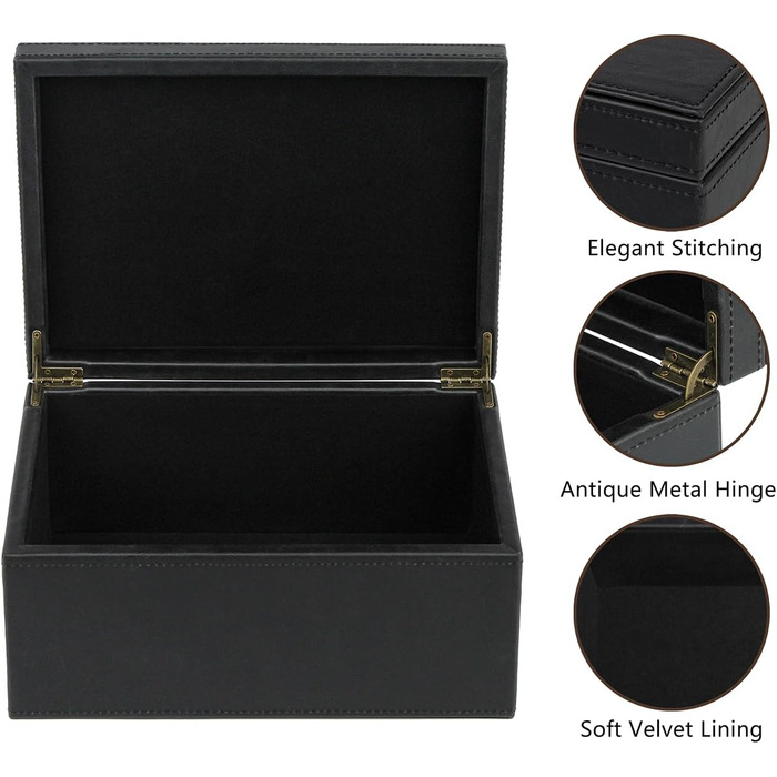 Декоративна скринька HofferRuffer зі штучної шкіри, велика дерев&39яна конструкція, скринька для сувенірів, органайзер для аксесуарів, органайзер для ювелірних виробів з відкидною кришкою, контейнер для зберігання для дому або офісу (чорний)
