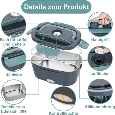 Електричний ланч-бокс потужністю 80 Вт для дорослих, термобокс із сумкою, виделкою та ложкою з нержавіючої сталі та 2 контейнерами для їжі об&39ємом 1,5 л, 3-в-1 12/24/110230 В, герметичний, електричний ланч-бокс для автомобіля, вантажівки, офісу, синій, 