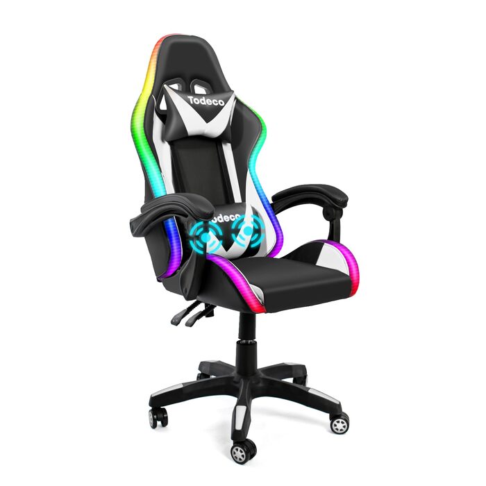 Ігрове крісло Todeco, масажне з підсвічуванням, світлодіодне гоночне крісло, ігрове крісло, ергономічне офісне крісло, регульована спинка, регульована висота, поворотне крісло з підголівником та поперековою подушкою, біле