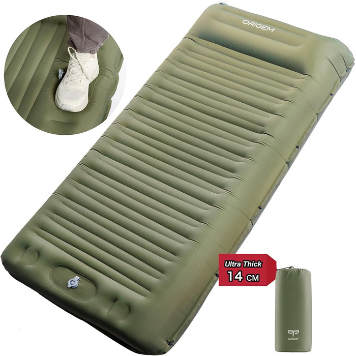 Килимок для кемпінгу Origem, надлегкий надувний килимок для сну 14 см, невеликий розмір упаковки, надувний матрац для ніг для використання на вулиці з ножним насосом, армійський зелений