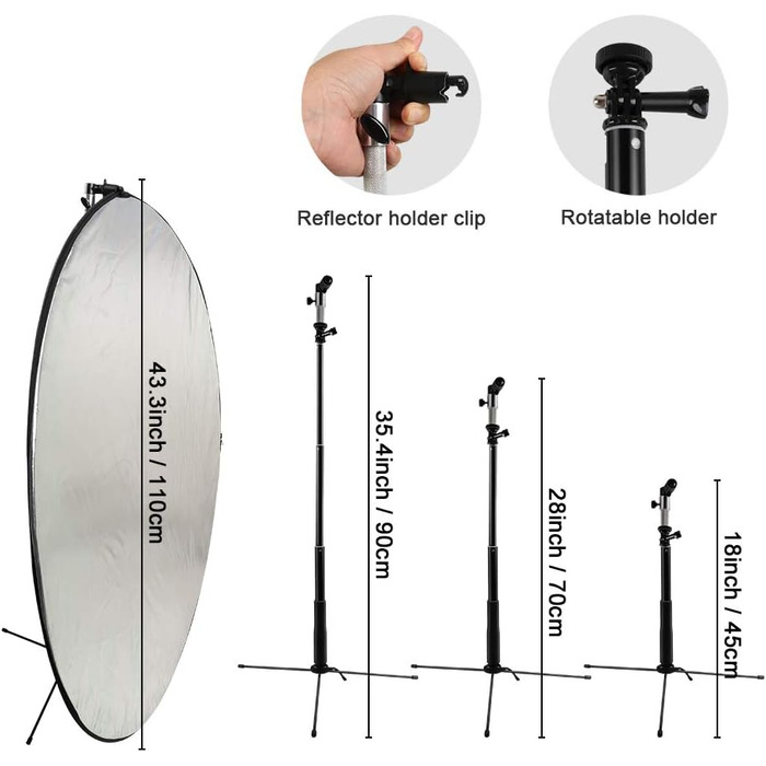 Комплект складних відбивачів 110 см Рефлектор 5-в-1 для розбірних фоторефлекторів з металевим затискачем і світловою стійкою для студійного освітлення Зовнішня зйомка/Срібло/Золото/Білий/Чорний