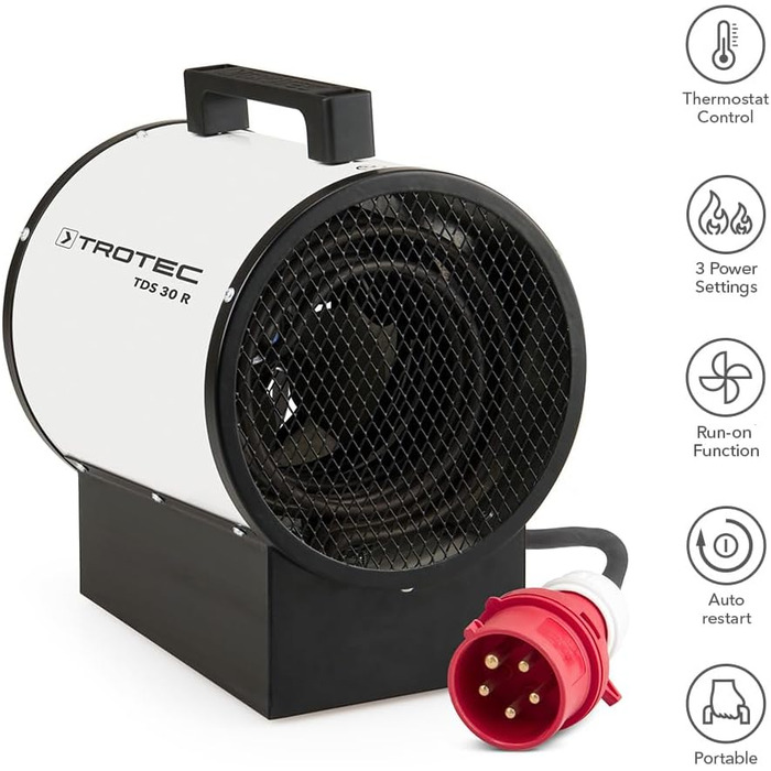 Будівельний обігрівач TROTEC TDS 30 R Теплова потужність 2,5 кВт / 5 кВт Електричний обігрівач, об&39єм повітря 580 м/год Тепловентиляторний обігрівач для великих приміщень