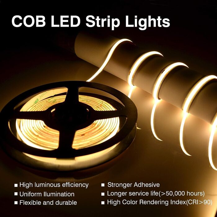 Світлодіодна стрічка COB 5м, 480 LED/м, тепле біле світло, висока щільність, 12V, 8мм, 9W/м, CRI 92, самоклеюча стрічка для непрямого освітлення спальні або кухні (без блоку живлення), 2700K, ширина 8мм