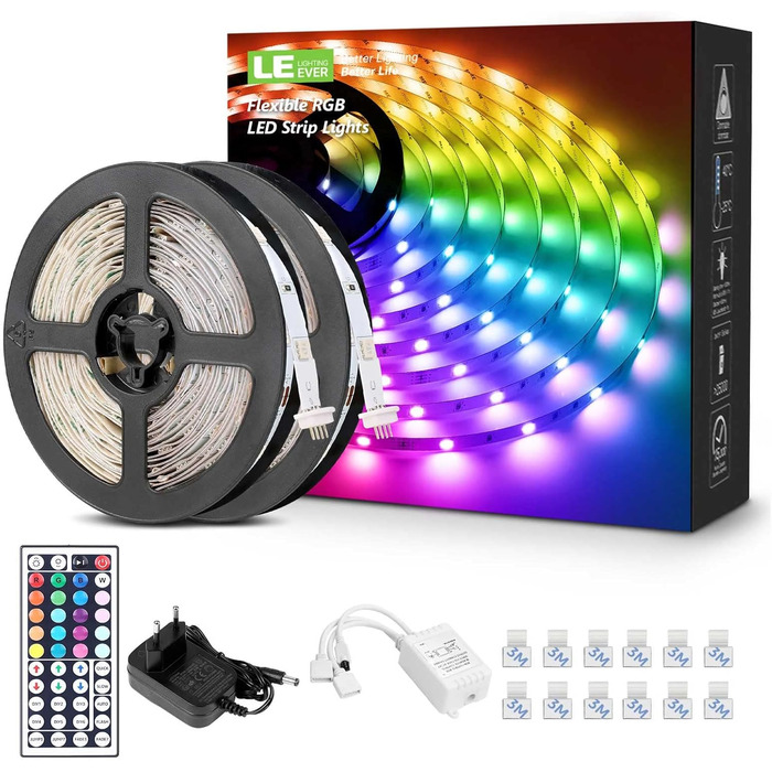 Світлодіодна стрічка LE, 10 м (2x5 м) світлодіодна стрічка RGB, світлодіодні стрічки 5050 SMD, світлодіодний ліхтар із 44 клавішами дистанційного керування, регульована яскравість Смуга для зміни кольору RGB для дому, Різдва, телевізора