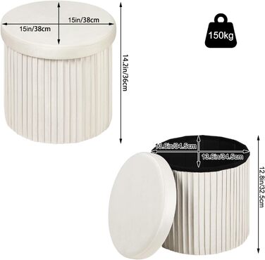 Круглий стілець WOLTU, пуф для зберігання з кришкою, м&39яка скриня для зберігання, складаний, м&39яка скриня для зберігання, виготовлена з оксамитового МДФ, 38xВ36 см, кремовий 38Г x 38Ш x 36В см