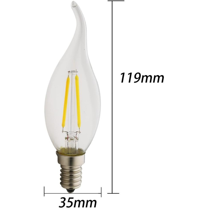 Нові світлодіодні лампи-свічки з гвинтом Едісона, 2 Вт LED, C35L, змінний струм 220-240 В, Лампа-свічка, хвостова лампа-свічка, Теплий білий 2700 К, без регулювання яскравості, 180 Люмен, Кількість 12 шт. (220 В 2 Вт), 14