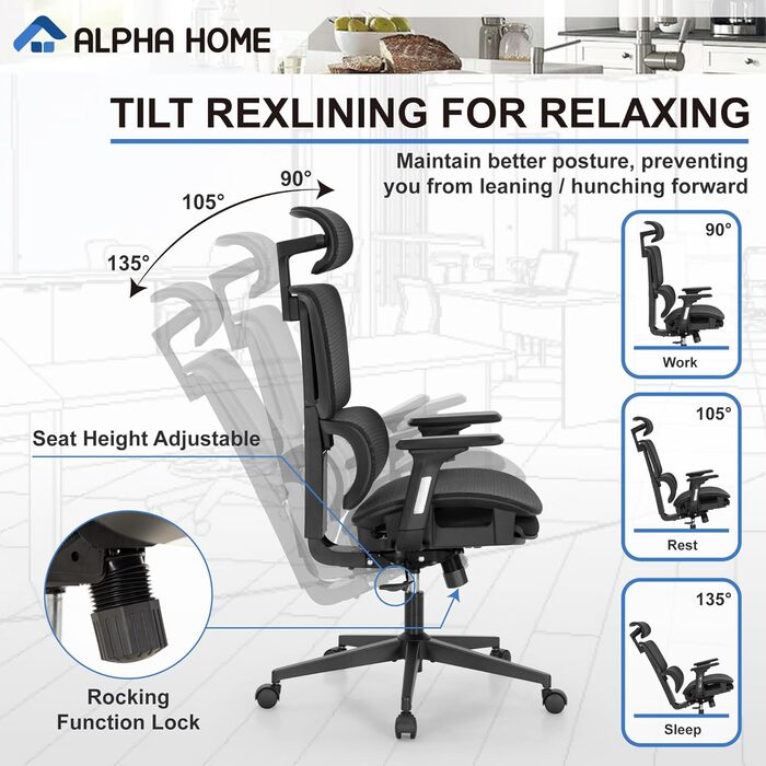 Офісне крісло ALPHA HOME, ергономічне робоче крісло з підставкою для ніг та регульованим підголівником, дихаюче крісло керівника з 3D-підлокітниками та високою спинкою, комп&39ютерне крісло, витримує вагу до 160 кг, чорне - з підставкою для ніг та підголі