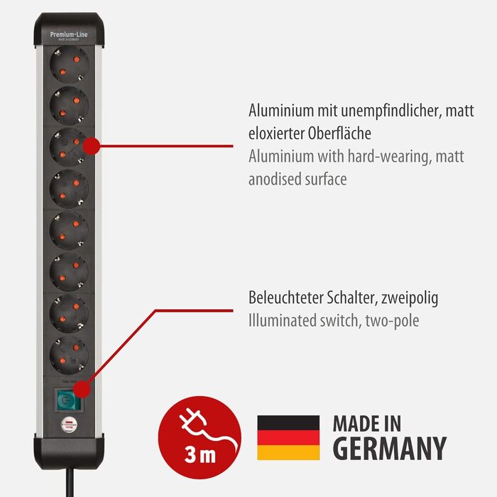 Розеткова планка Brennenstuhl Premium-Alu-Line 8-кратна/розеткова планка з високоякісного алюмінію (розетка на кілька розеток з ви