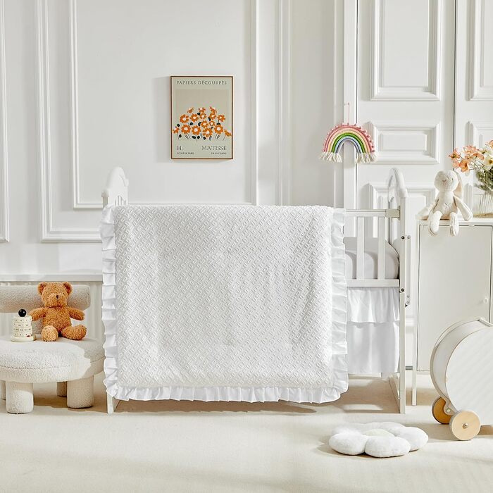 Комплект постільної білизни для дитячого ліжечка з 3 предметів з ворсистими бахромою, білим ворсистим ковдрою з простирадлом і спі