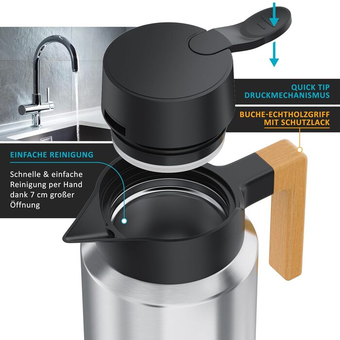 Термос з нержавіючої сталі 1 л - Подвійні стінки - 1200 мл - Нержавіюча сталь SUS 201/304 - Ручка з натурального бука - Швидке закриття - Герметичний - Знімна кришка - Без BPA