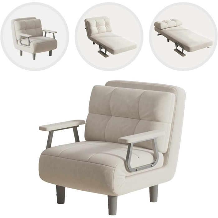 Крісло-розкладний диван-ліжко 1-місний Високий комфорт, розбирається з подушками, металевими підлокітниками та ніжками (білий)